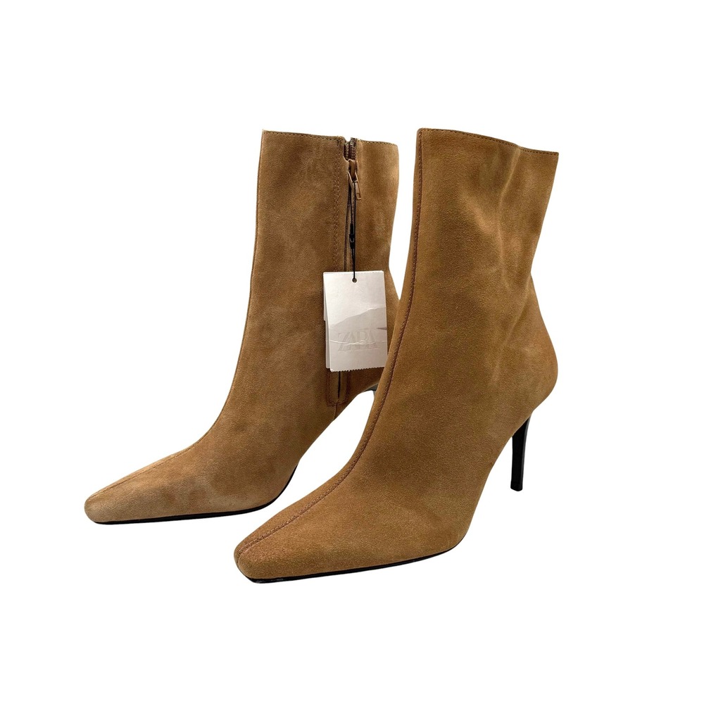 Zara Tan Suede Leather Pointed Toe Stiletto Ankle Boots‎ 1111/611/102 Size 7.5